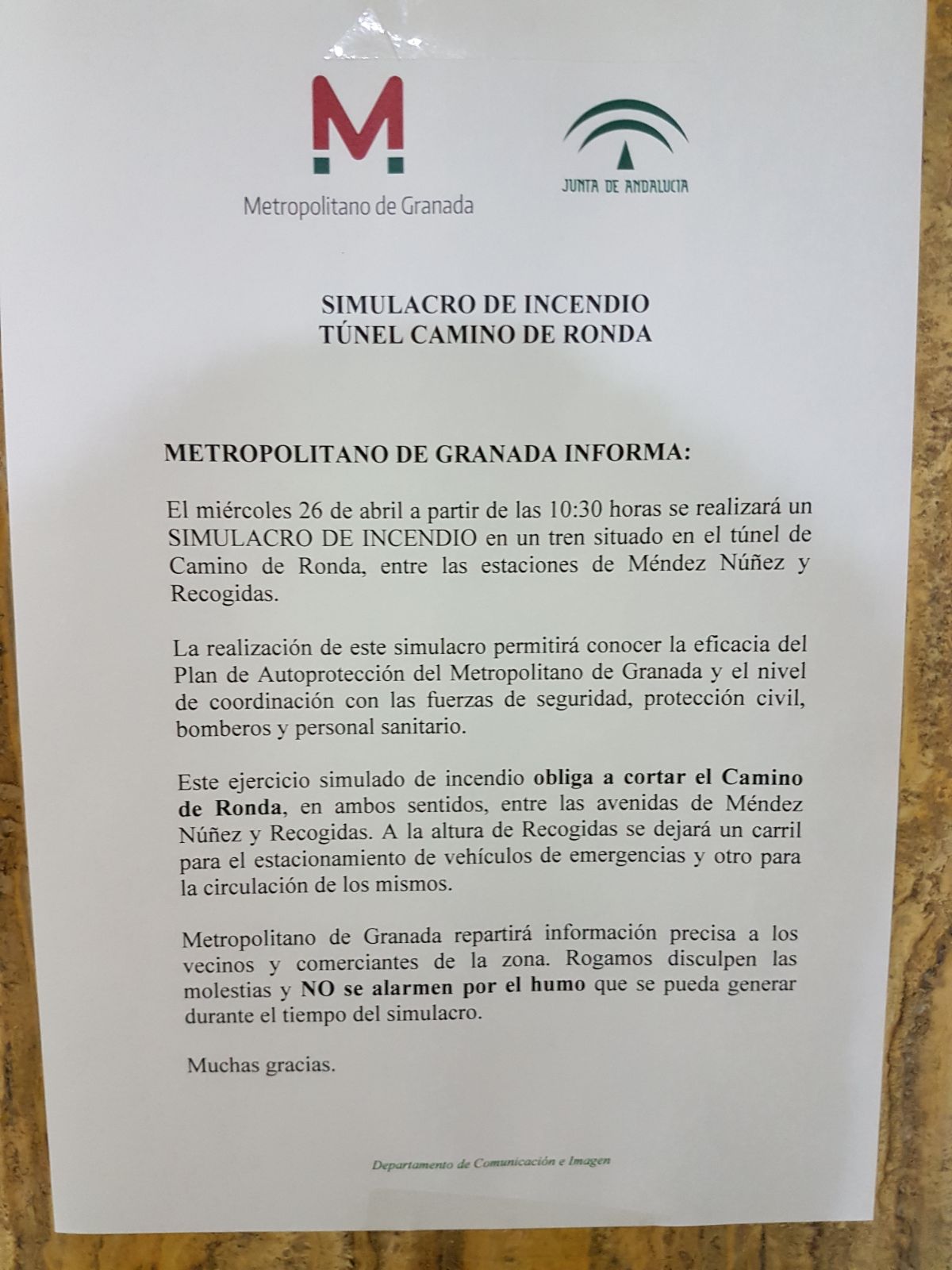 Aviso Metropolitano simulacro incendio
